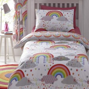 Clouds and Rainbows Girls Bedding. White Double Duvet Cover and Pillowcases
